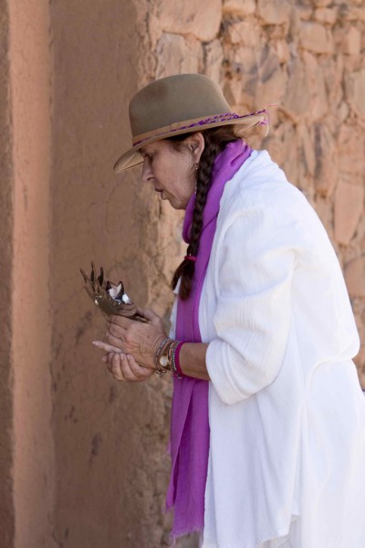 At the very beginning, Solara created a small altar in front of the central doorway of the temple. She used a magenta manta cloth which is the color of AN. On it she placed a small Sun -Moon AN disc from Oaxaca, Mexico.