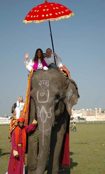 Solara, Sebastian and Ama atop our VERY tall Hati (Elephant).