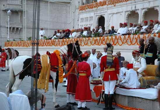 The Maharana of Udaipur blessed several beautiful horses who were sprinkled with holy water and given garlands of marigolds.