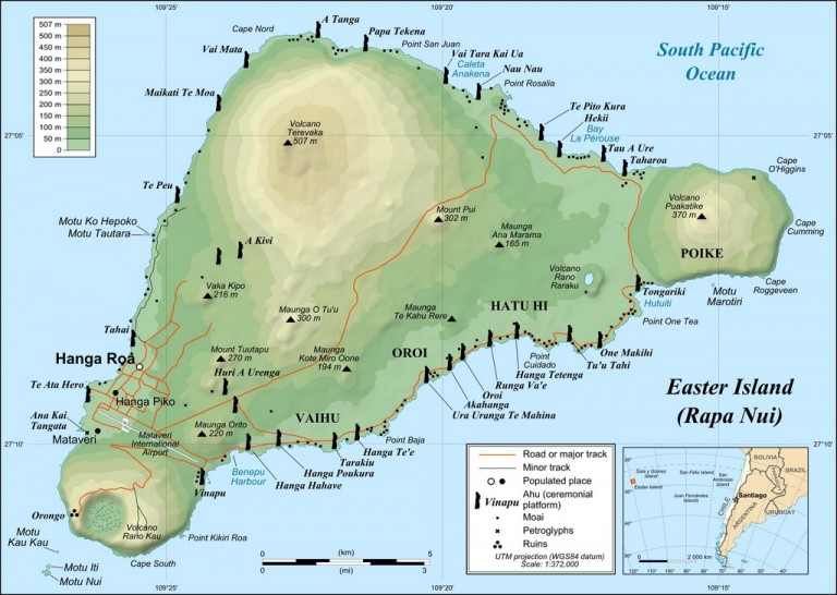 The island of Rapa Nui with its many volcanoes.