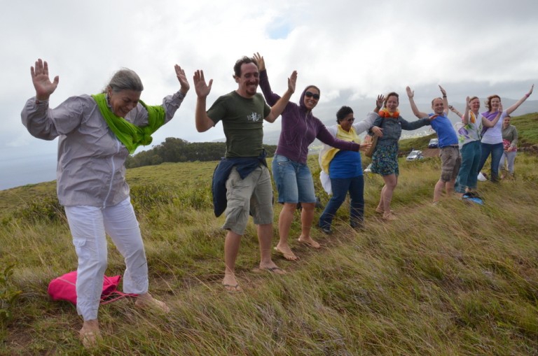 We learned not to do the Mudras on the edge of Rano Kau in a strong wind!