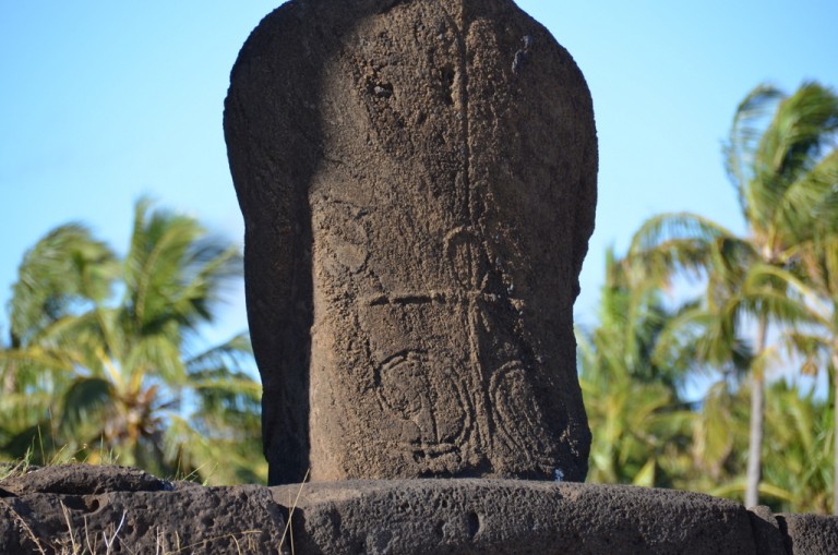 Detalhe do relevo das costas de um Moai.
