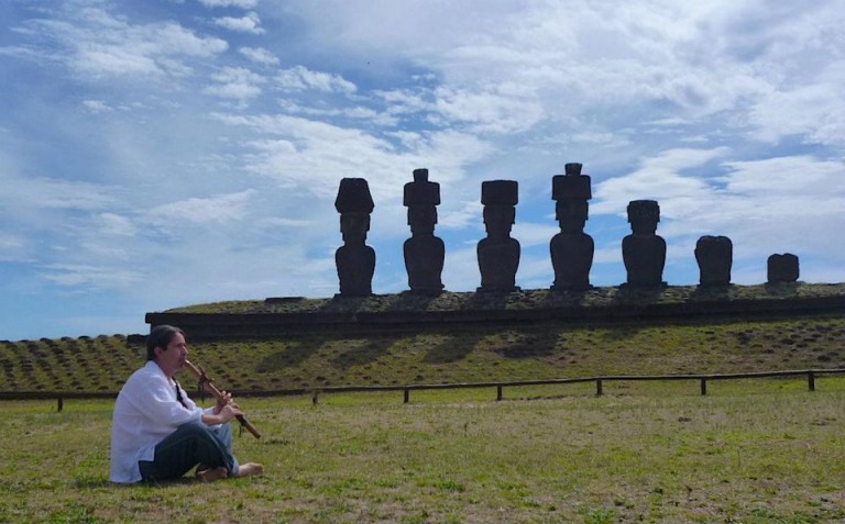 A small group of us visited Anakena and Tongariki a day before the 'A Mu'a to ask permission for our ceremony. Jorge played his flute at both sites.