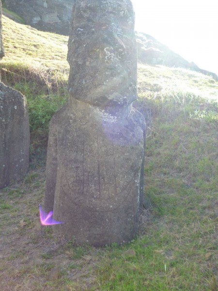And where does the magenta arrow at the base of the Moai lead to?