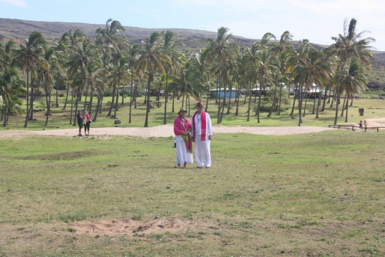 Solara and Emanaku survey our ceremony site at Anakena.