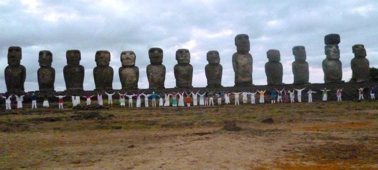 Joyously performing the 11:11 Mudras for the Moai.