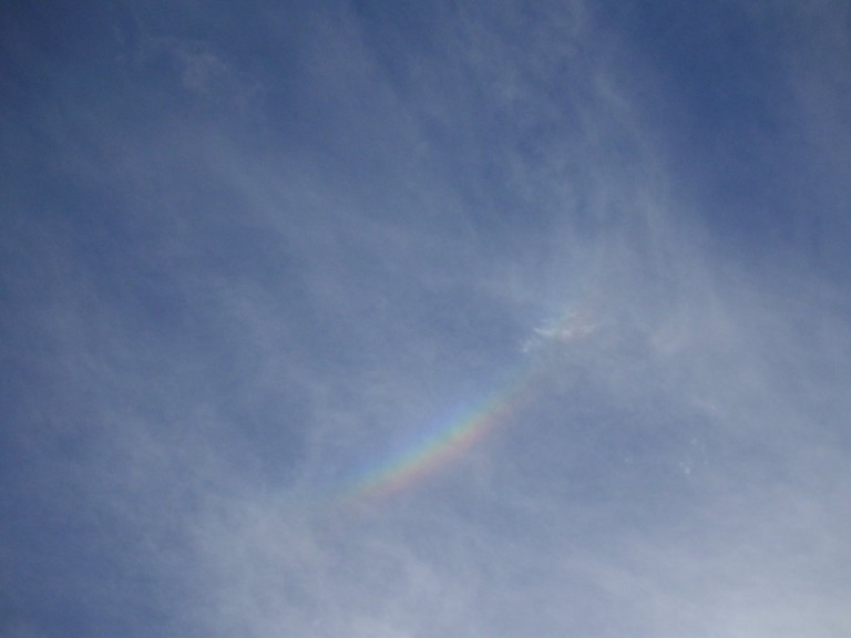 A rainbow appeared in the sky directly above us.